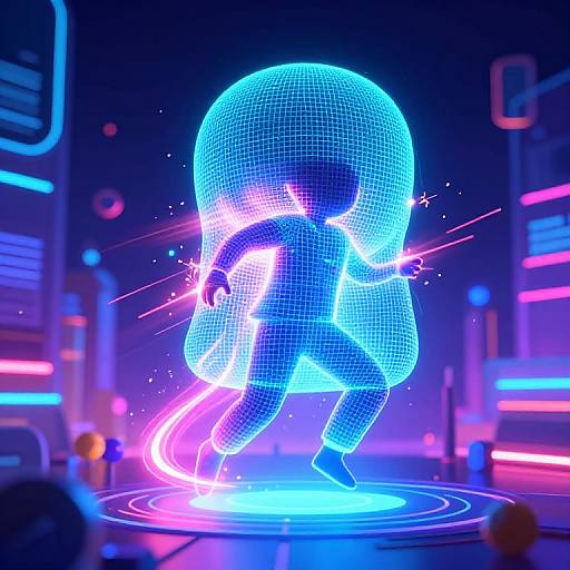 Neon digital artwork of a glowing, blue, grid-like figure wielding a glowing stick, standing on a circular, colorful holographic platform.