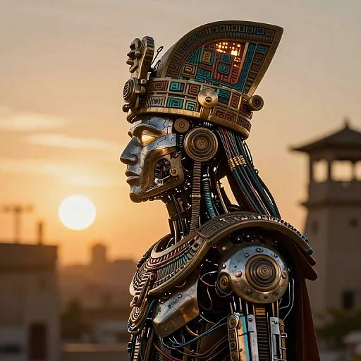 Photograph of a detailed, robotic Aztec warrior in profile, illuminated by sunset. The robot features intricate patterns, metallic textures, and a ceremonial he