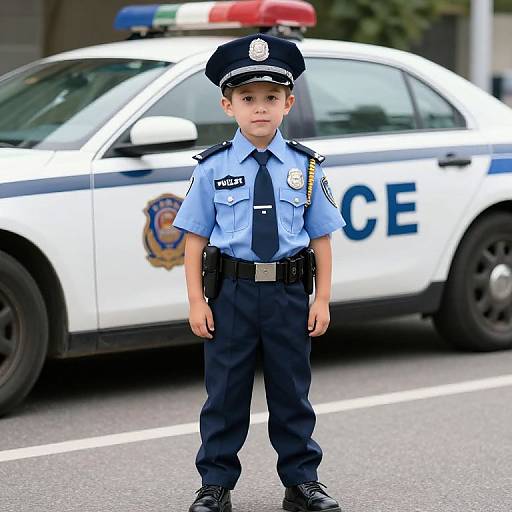 Photograph of a young boy dressed as a police officer, standing in front of a white police car with red and blue lights, on a city street