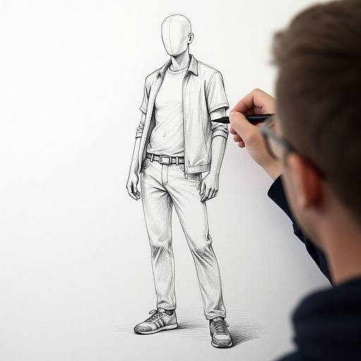Digital sketch of a faceless man in casual attire, drawn in black ink, being observed by a person with glasses.