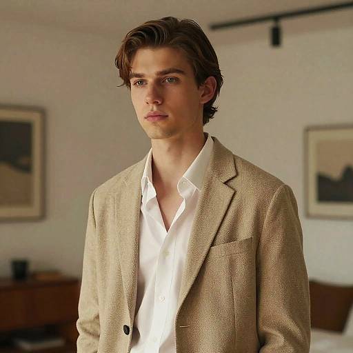 Photograph of a handsome young man with light brown hair, wearing a beige blazer over a white shirt, standing in a softly lit bedroom with framed
