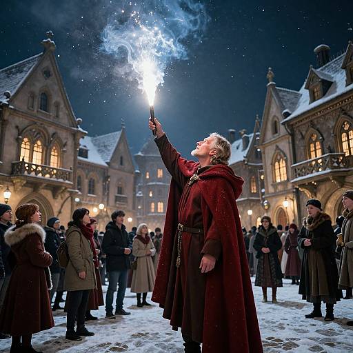 Photograph of a magical night scene: a wizard in a red cloak conjures a bright blue flame in a snowy, medieval town square surrounded by illuminated