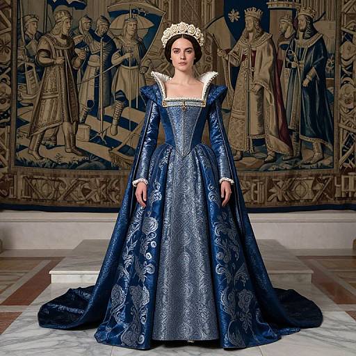 Photograph of a woman in an elaborate, royal blue, Renaissance-style gown with intricate patterns, white lace trim, and a silver tiara, standing