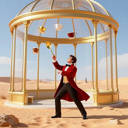 Digital illustration of a black-haired man in a red coat, black pants, and white shirt levitating tea cups and a teapot under a golden dome