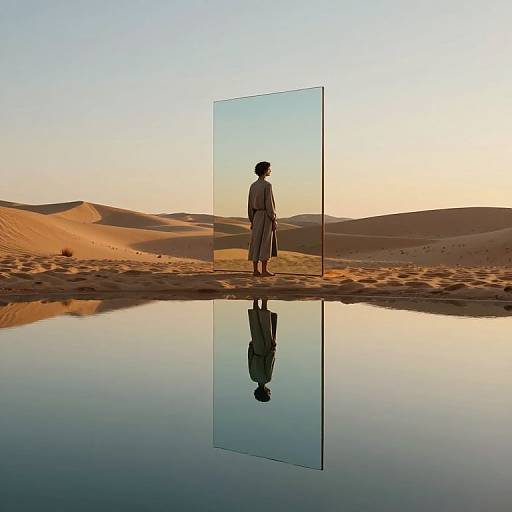 Silhouetted figure in desert, wearing traditional robe, stands before transparent frame reflected in calm water at sunset, with golden sand dunes in background