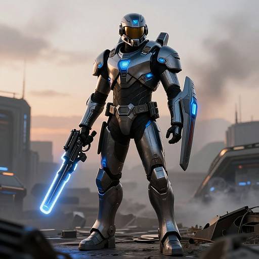 Futuristic Peacekeeper on Battlefield