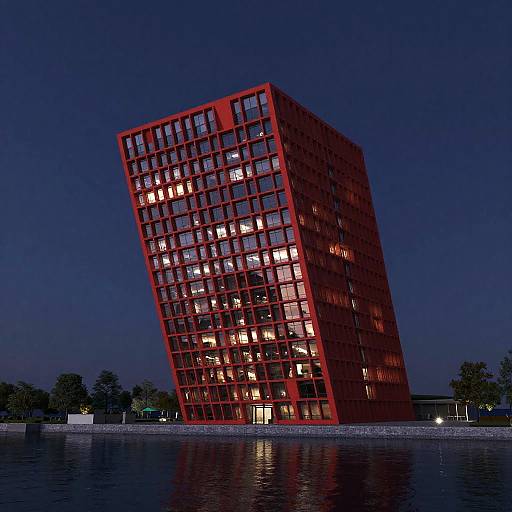 Leaning Red Modern Office Building at Night