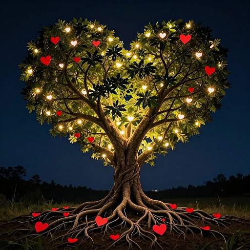 Photograph of a tree illuminated by yellow lights with red hearts, set against a dark night sky, roots visible on ground.
