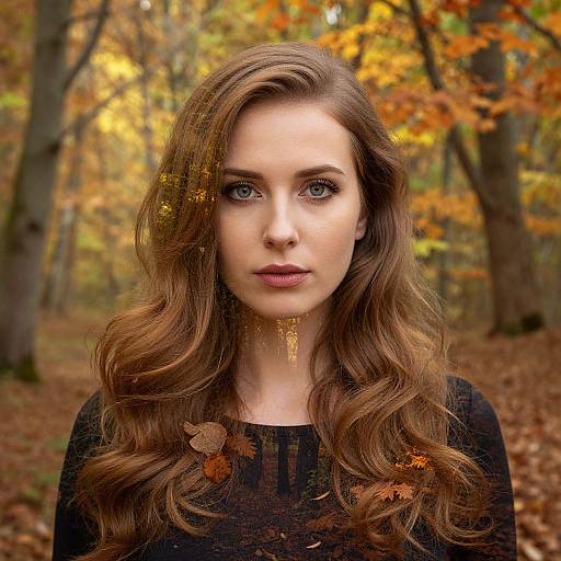 Photograph of a fair-skinned woman with long, wavy brown hair, wearing a black top, standing in a colorful autumn forest. Golden leaves