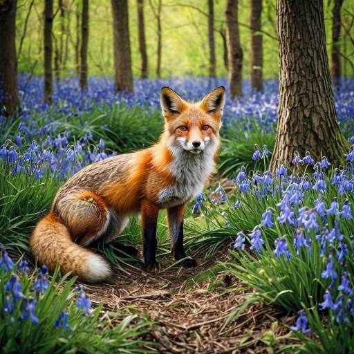Red Fox in Bluebell Forest