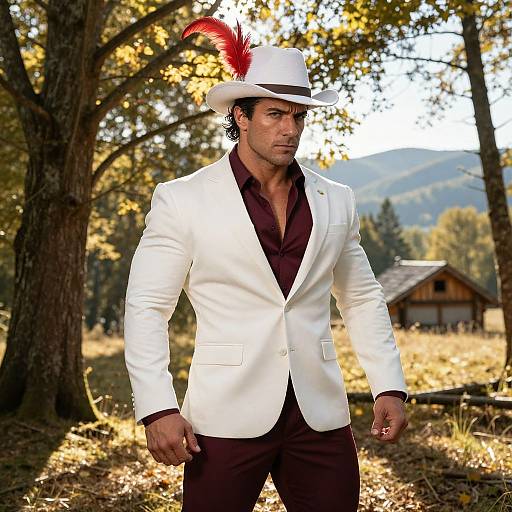 Photograph of a muscular man with olive skin, dark hair, in a white suit, burgundy shirt, and white hat with red feather, standing