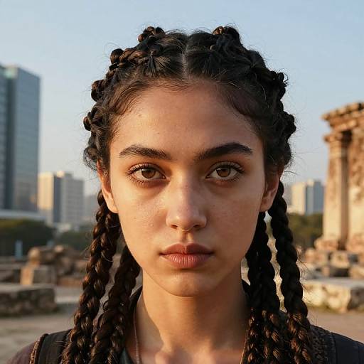 Photograph of a young woman with dark braided hair, medium brown skin, and intense brown eyes, standing in an urban archaeological site with blurred buildings