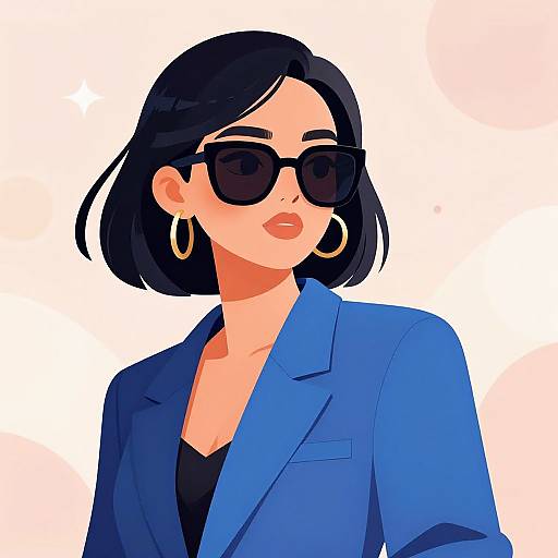 Digital illustration of a stylish woman with short black hair, wearing large black sunglasses, gold hoop earrings, and a blue blazer over a black top,