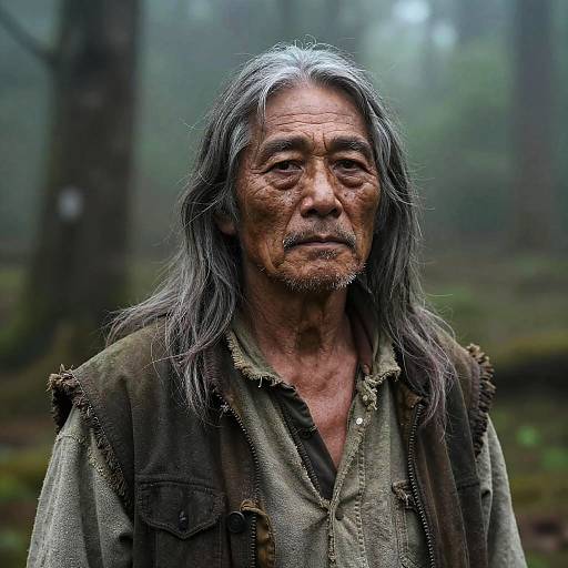 Elderly Man in Misty Forest