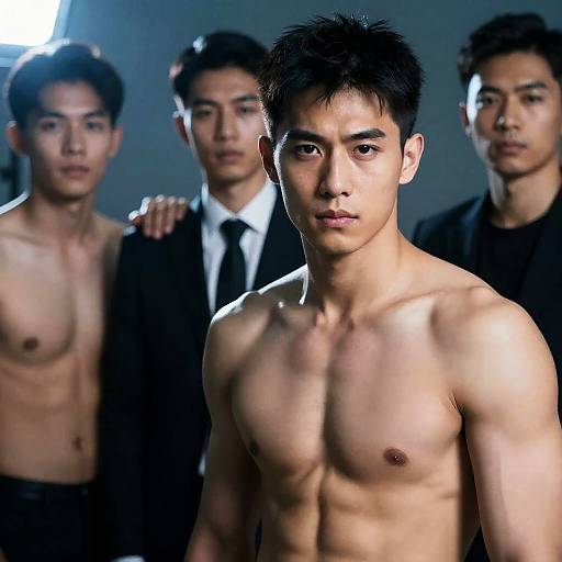 Shirtless Muscular Asian Man with Intense Gaze