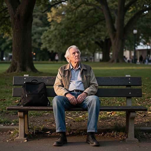 Photograph of an elderly white man with short gray hair, wearing a beige jacket, blue shirt, and jeans, sitting on a park bench with a