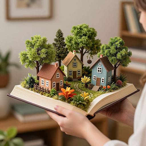 Photograph of a detailed, miniature village with colorful houses, trees, and flowers inside an open book, held by a person in a cozy, blurred