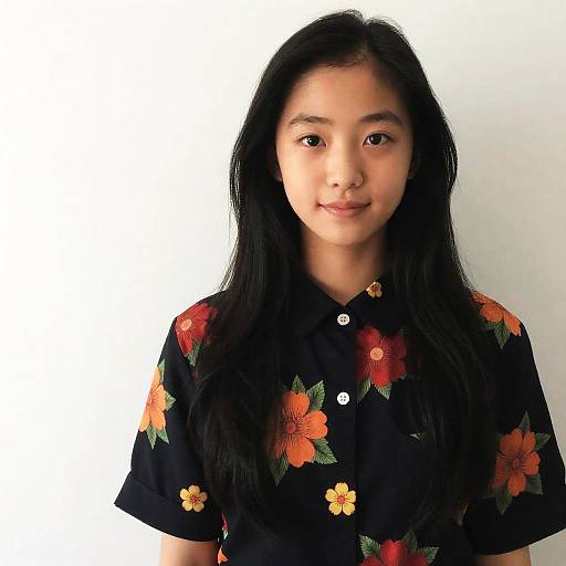 Young Asian Woman in Floral Print Shirt