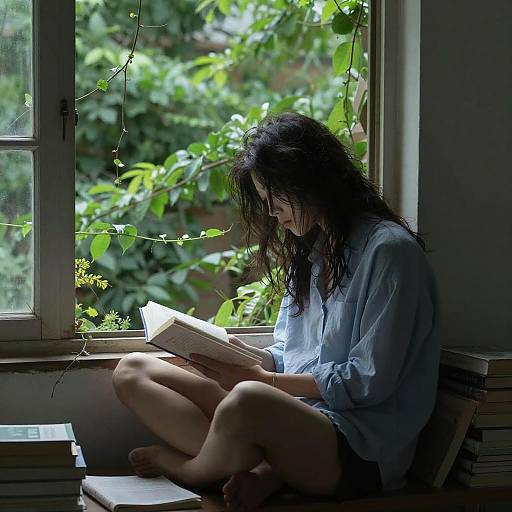 Melancholic Reader in Overgrown Window Seat