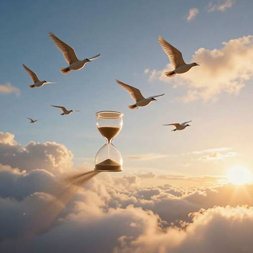 Photograph of a glass hourglass floating among flying birds against a golden sunset sky with fluffy clouds, symbolizing time and freedom.