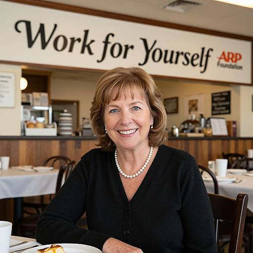 Photograph of a smiling middle-aged woman with short brown hair, wearing a black blouse and pearl necklace, seated in a restaurant with 