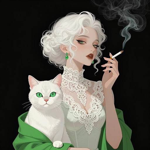 Mystical Woman and Cat in Green Smoke