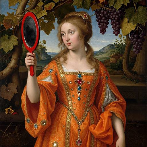 Renaissance-style painting of a fair-skinned woman with wavy brown hair, wearing an ornate orange dress with gold and gem embellishments,