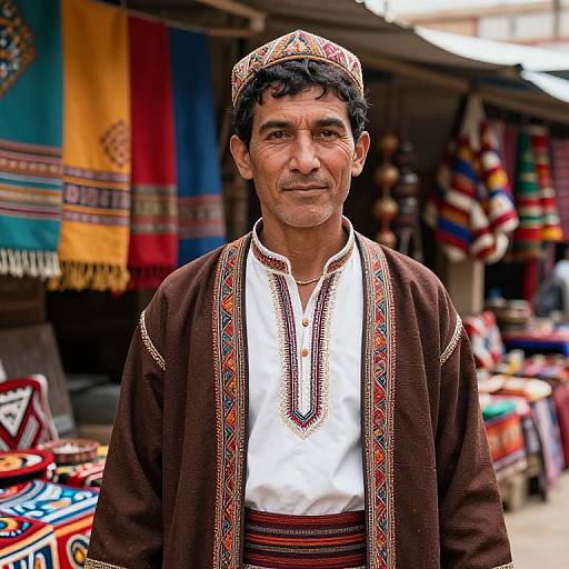 Photograph of a middle-aged man with dark, curly hair, wearing traditional, colorful embroidered clothing and a matching hat, standing in front of a vibrant