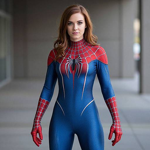 Photograph of a white woman with brown hair in a blue and red Spider-Man suit, standing in a modern, dimly lit urban hallway.