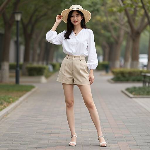 Photograph of an Asian woman in white blouse, beige shorts, wide-brimmed hat, and white sandals, standing on a tree-lined path.