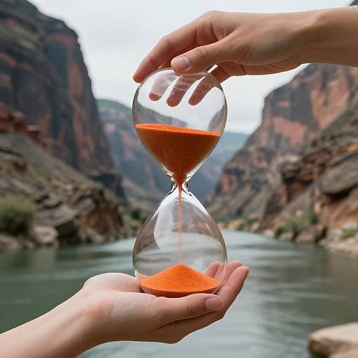 Photograph of glass hourglass with orange sand, hands pouring, set against a canyon river backdrop with rocky cliffs.