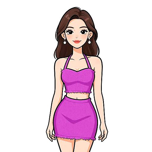 Digital anime-style illustration of a smiling woman with long brown hair, wearing a pink crop top and matching skirt, adorned with earrings.