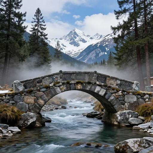 Engraved Stone Bridge Over Mountain River