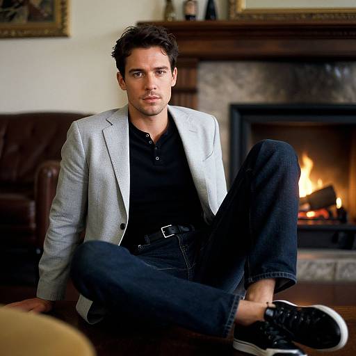 Photograph of a handsome, dark-haired man in a light gray blazer, black shirt, and jeans, sitting on a sofa in front of a