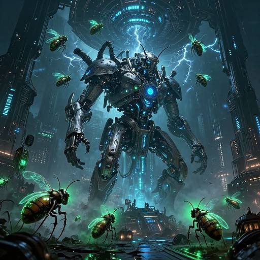 Cyberpunk illustration: glowing blue robot with lightning bolts, surrounded by neon-green insects, in a futuristic, high-tech cityscape. Dynamic, electric