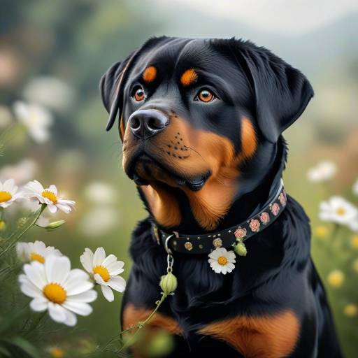 Realistic Rottweiler Surrounded by Flowers