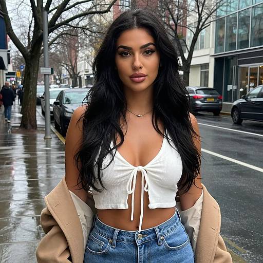 Photograph of a confident, dark-haired woman with long waves, wearing a white crop top, blue jeans, and beige coat, standing on a rainy