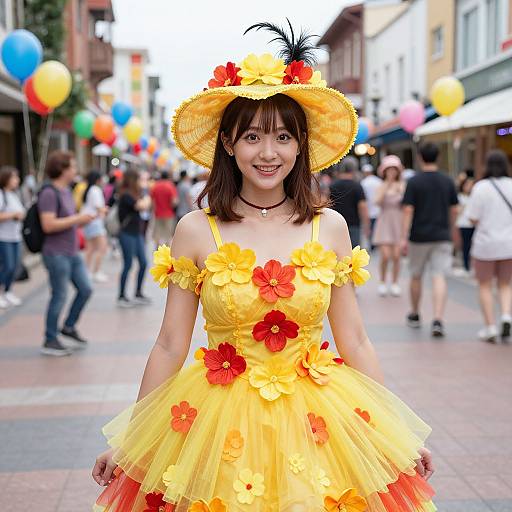 Asian woman in bright yellow flower dress and hat, smiling, standing in street festival with colorful balloons and people. Photograph.