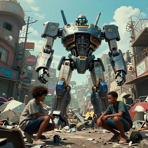 Digital art: Two boys crouch in a destroyed, debris-filled urban street, facing a towering, metallic robot with glowing eyes. Bright blue sky.