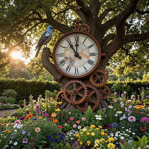 Photograph of a sunlit garden featuring a rustic clock tree with gears, black Roman numerals, and a bluebird perched on it, surrounded