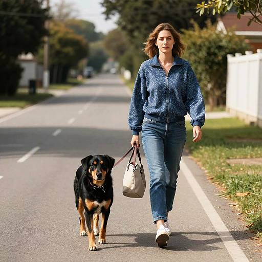 Woman Walking Dog on a Scenic Road