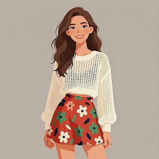 Digital illustration of a smiling woman with long brown hair, wearing a white lace top and red floral skirt, against a gray background.