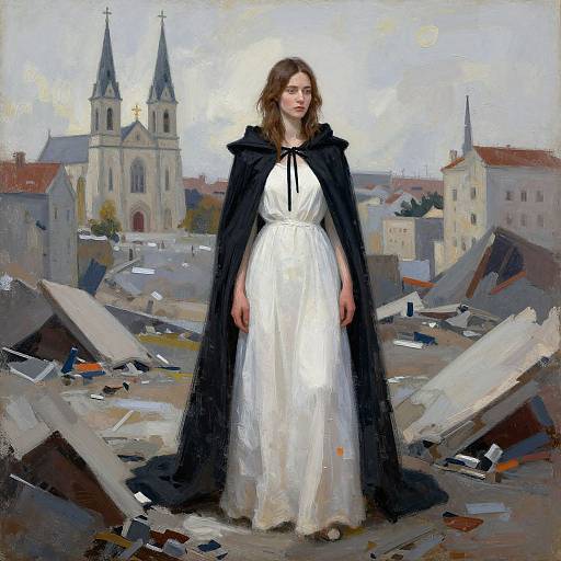 Painting of a young woman with long brown hair, wearing a white dress and black cloak, standing amidst rubble, with two church steeples in the
