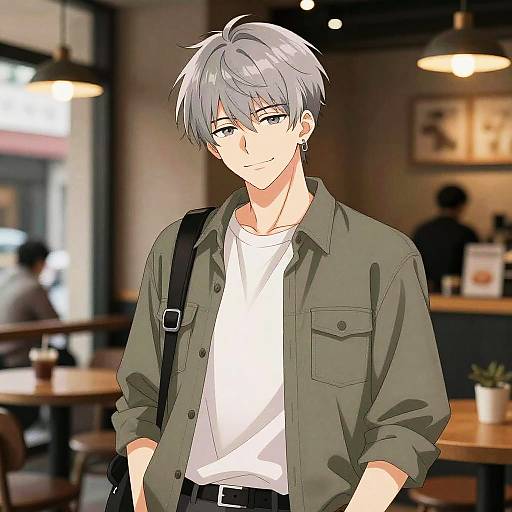 Anime-style digital drawing of a cute, gray-haired boy with green eyes, wearing an open olive shirt over a white tee, in a cozy café.