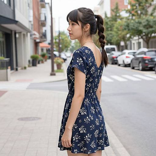 Photograph of an Asian woman with a braid, wearing a navy floral dress, standing on a sunny urban street.