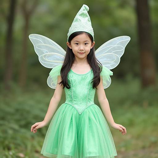 Photograph of an Asian young girl in a green fairy costume with sequined dress, translucent wings, and cone-shaped hat, standing in a forest.