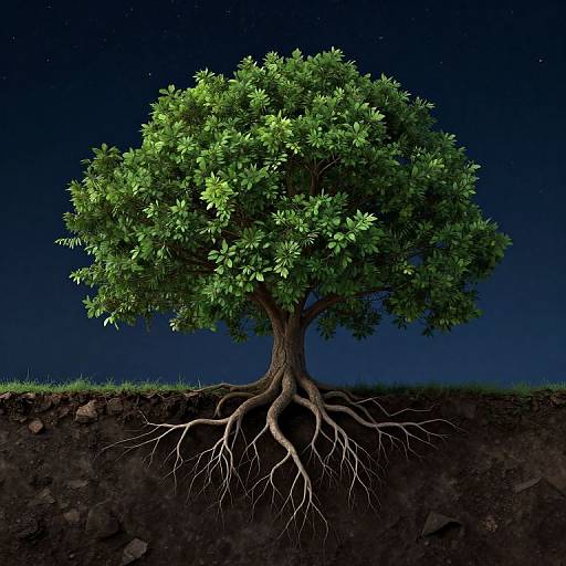 Photograph of a vibrant green tree with detailed roots against a dark, starry night sky, exposing soil below its canopy.