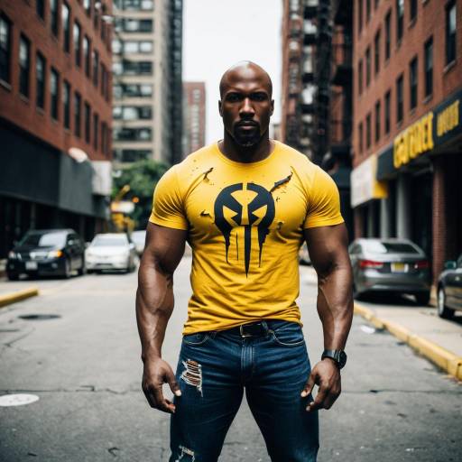 Muscular man in yellow torn tee in urban street