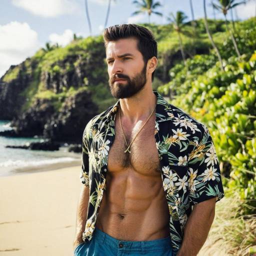 Muscular Male at the Beach in Floral Shirt