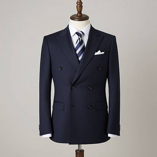 Photograph of a dark navy double-breasted suit with black buttons, white shirt, striped tie, and pocket square on a wooden mannequin.